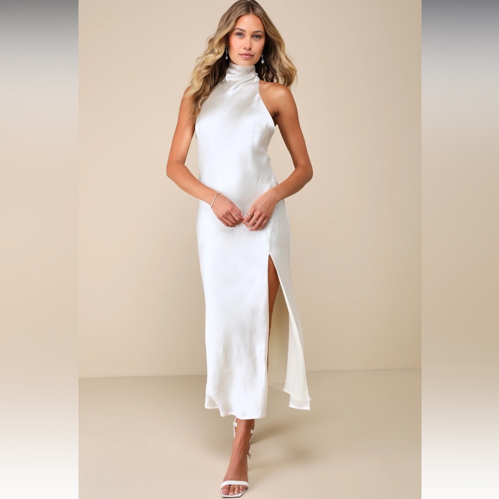 Lulus Exceptional Status Ivory Halter Backless Slip Midi Dress White Size Medium - Picture 6 of 7